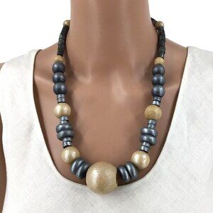 Vintage Wood Beaded Necklace Chunky Beads Gray Cream 23 Inch Length